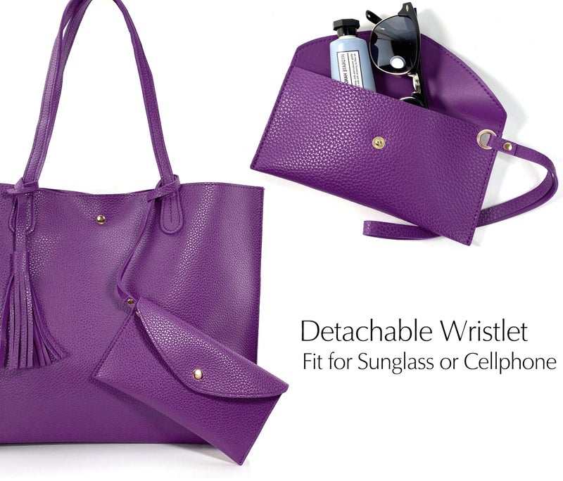 Hoxis Minimalist Clean Cut Pebbled Faux Leather Tote Womens Shoulder Handbag (Violet) Medium - Image 5